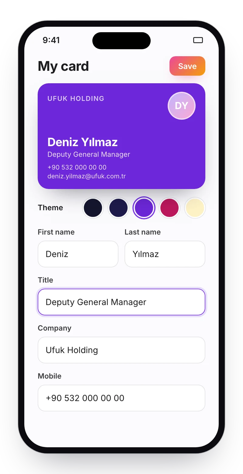 Card editor: Deniz Yılmaz's card, theme picker and detail fields