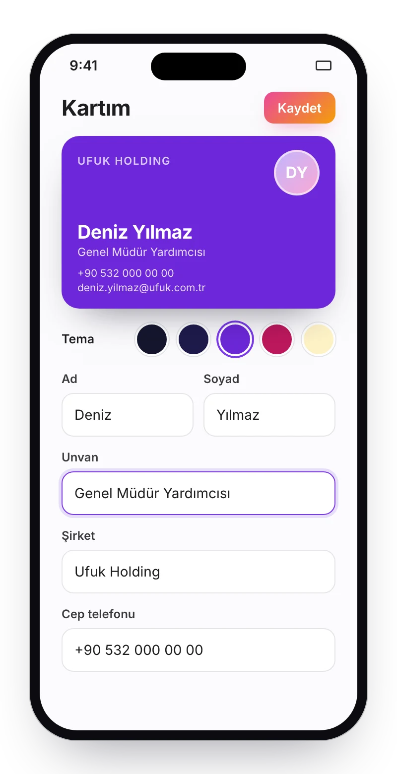Kart düzenleme ekranı: Deniz Yılmaz'ın kartı, tema seçimi ve bilgi alanları