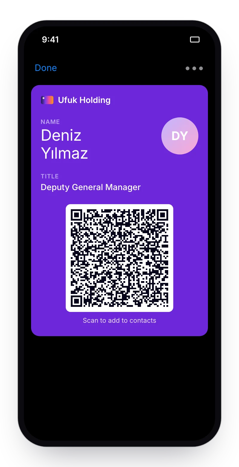 The card in Apple Wallet: name, title and QR