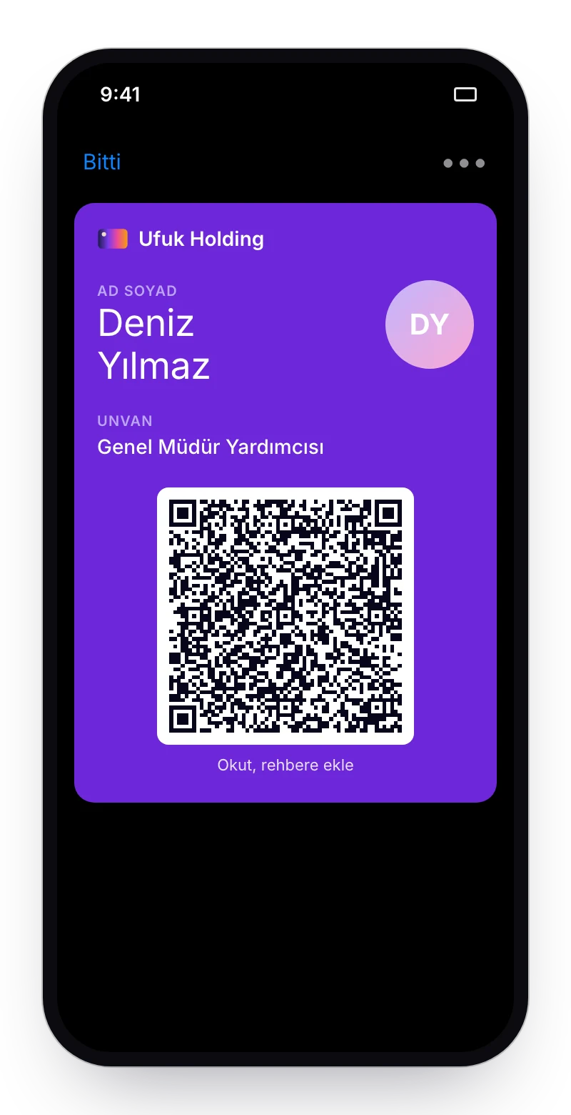 Apple Cüzdan'da kart: ad, unvan ve QR