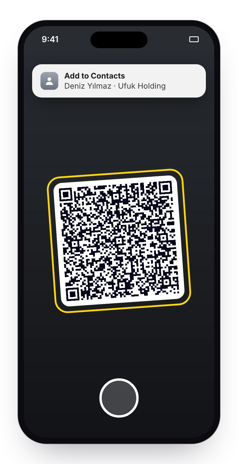 The camera reads the QR, with an Add to Contacts banner on top