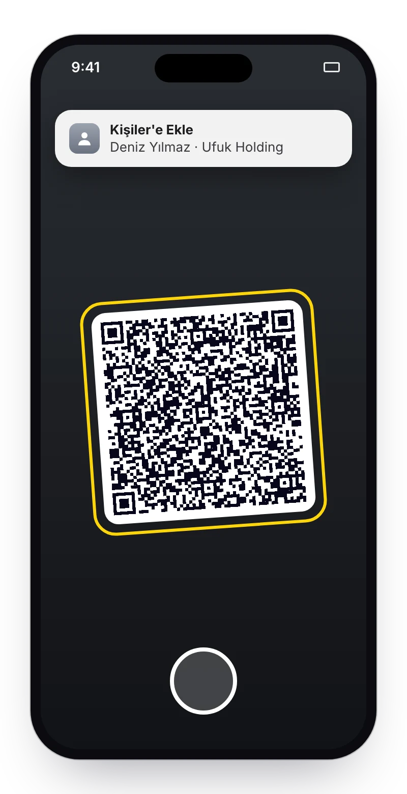 Kamera QR'ı okuyor, üstte Kişiler'e Ekle bildirimi